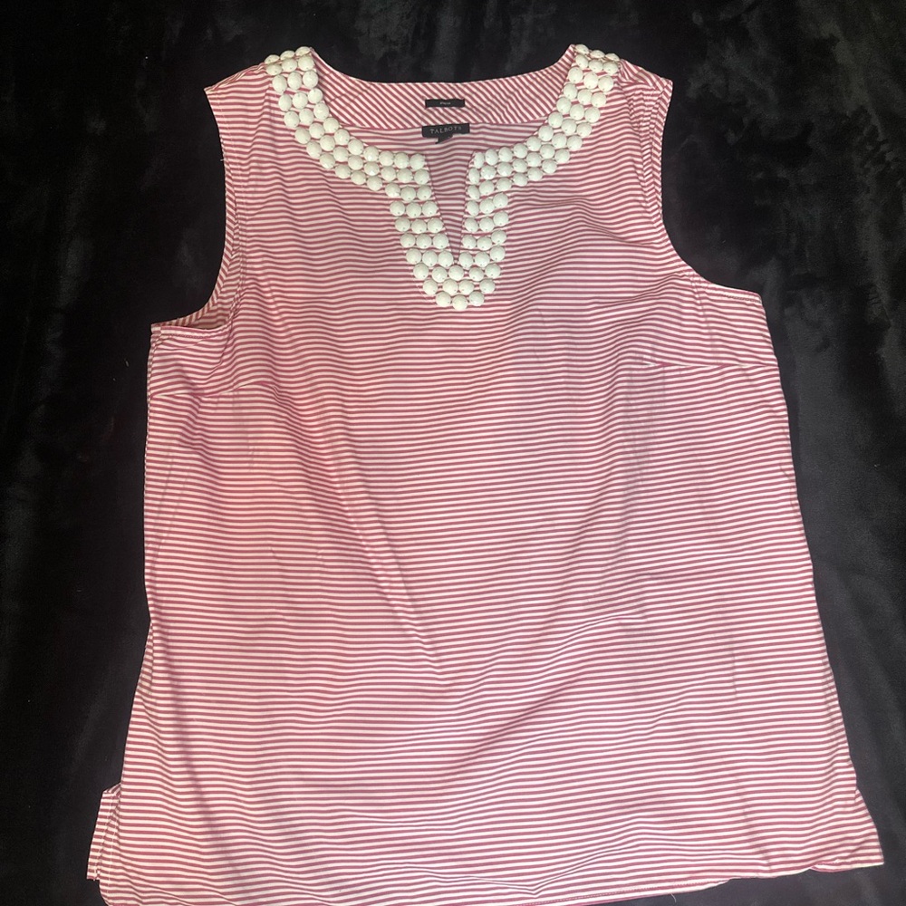 Talbots Pink and White Striped Blouse with Beaded Neckline